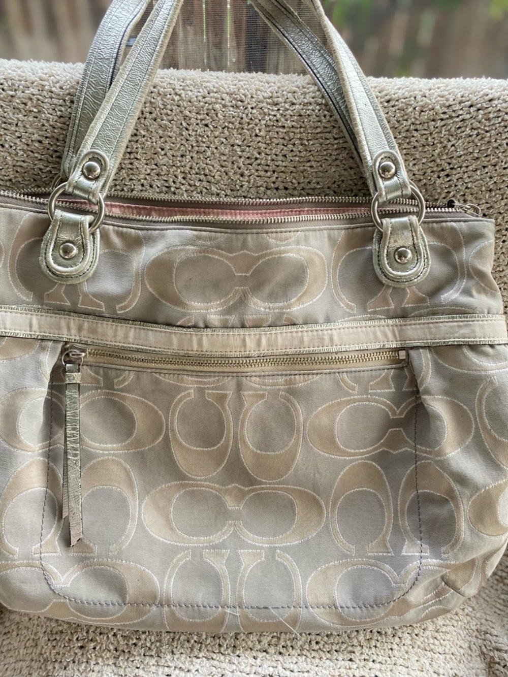Coach Metallic Trim Signature Shoulder Bag in Beige and Silver